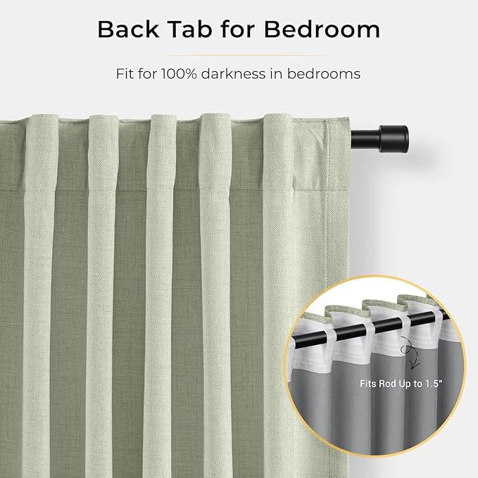 INOVADAY 100% Blackout Curtains for Bedroom, Black Out Curtains 108 Inch Long, Clip Rings Linen Blackout Drapes, Thermal Insulated Room Darkening for Living Room, 2 Panels - Sage,W50xL108