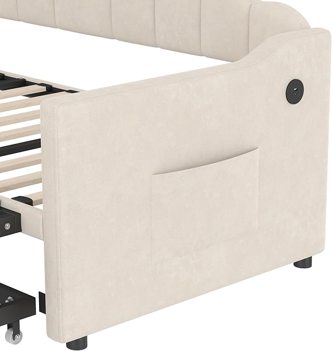 SOFTSEA Twin Daybed with Pop Up Trundle, Extendable Corner Day Bed with USB Ports, Velvet Tufted Sofa Bed Frame with Curved Backrest for Bedroom, Living Room, Beige