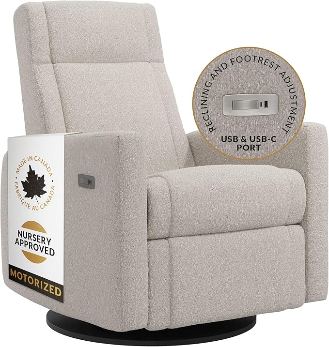 Nelly Modern Nursery Chair Glider Recliner with 180° Swivel - Cozy Motorized Reclining Nursing Chair with USB Ports, Gentle Motion, Hybrid Memory Foam, Lumbar Support (Vanilla/Beyond Sheep Fabric)