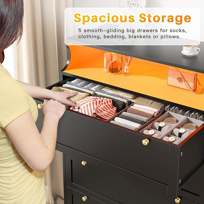 EnHomee Black Dresser with LED Light, Tall Dresser for Bedroom, 5 Drawers & 1 Shelves Space Saver for Bedroom, Hallway, 31.3" W x 48.5" H x 15.7" D
