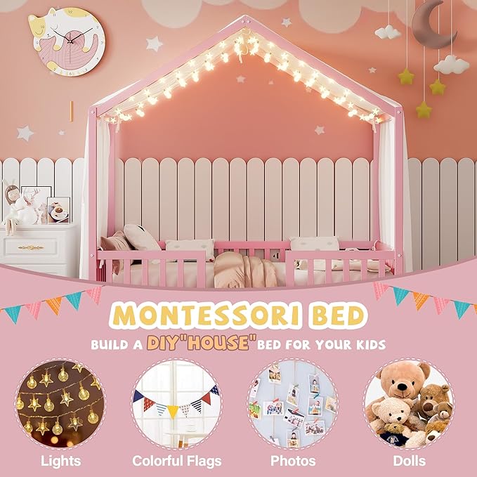 Montessori Floor Bed with Canopy, High Railings and Roof, Twin Size Wood House Bed Frame for Kids Bedroom (Pink/C2)