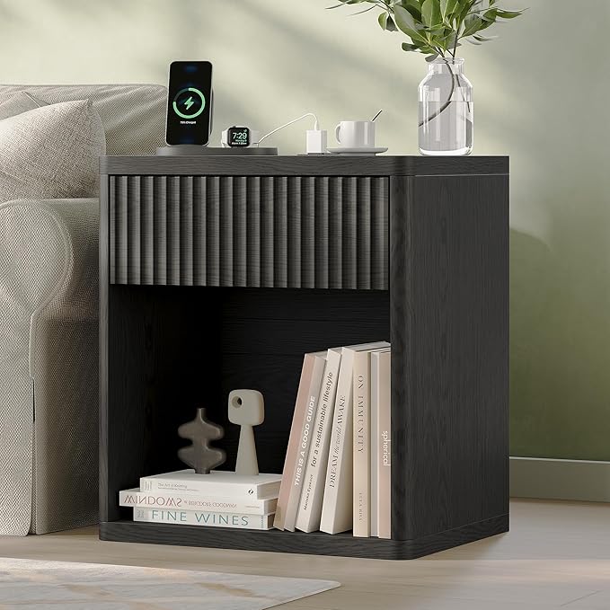 Fluted Nightstand Set of 2 with Charging Station, 21.7" Wide Modern Bedside Table with 1 Drawers Open Storage Cabinet, Wooden End Table for Bedroom,Black