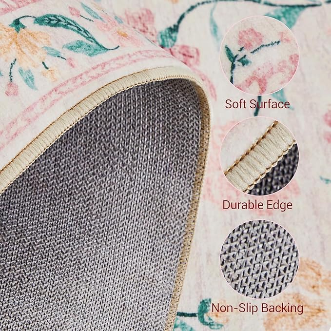 Pink Entryway Rug 2x3, Floral Distress Print Carpet, Low Piles Indoor Rugs, Washable Door Mat, Living Room Entrance Traditional Distressed Retro Accent Throw Rug, Non Slip Perfect for Office Bathroom