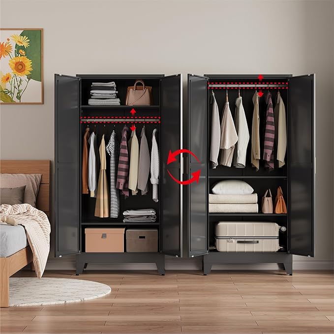 Metal armoire Wardrobe Closet with Hanging Rod,71'' Metal Wardrobe Cabinet with 2 Doors and 2 Adjustable Shelves, Bedroom armoires,Laundry Room cabinets,armario de ropa Closet