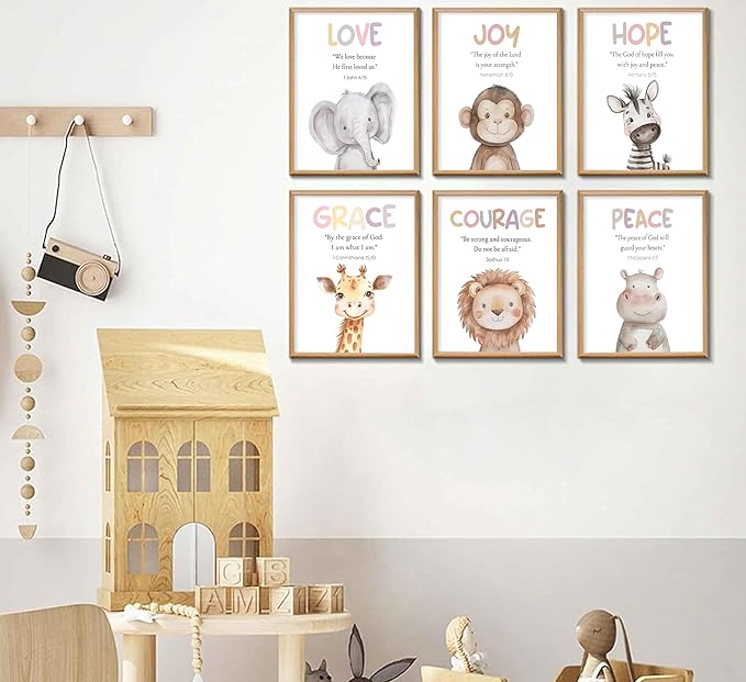 Safari Animal Bible Verse Nursery Wall Art Christian Picture Kids Room Wall Decor Uplifting Scripture Poster Hope Love Joy Jungle Animals Painting Canvas Print Artwork for Baby Room Playroom, Unframed