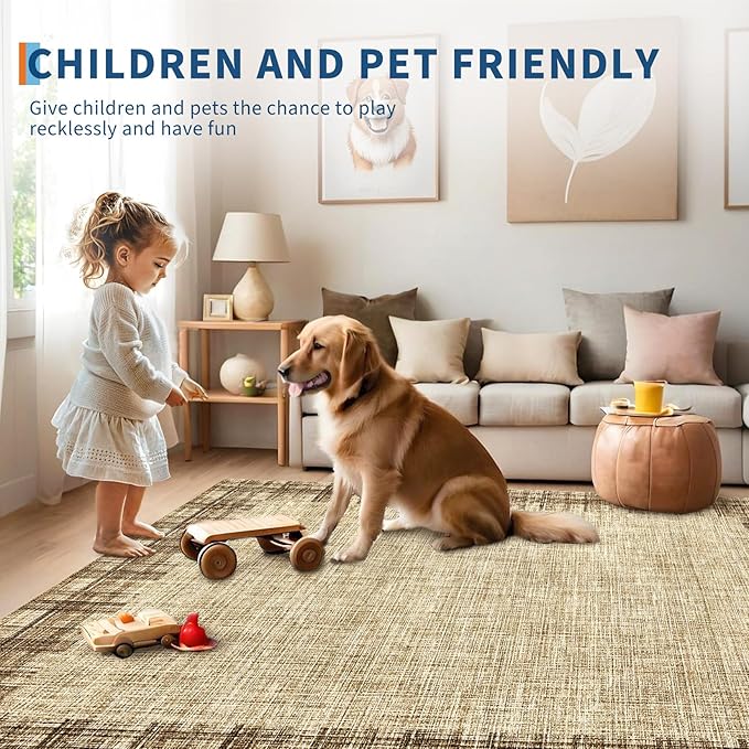 COZYLOOM Washable Area Rug 5x7 Stain Resistant Non-Slip Carpet Vintage Abstract Rug Plush Carpet for Living Room, Bedroom, Family Room, Nursery, Playroom（Natural）