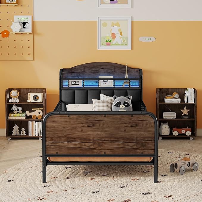 Ball & Cast Twin Size Toddler Bed W/LED Light,Metal Bed W/Storage Headboard & 2 3-Tiers Storage Shelves,Platform Bed Frame W/Safety Guardrails & Low Profile Design,for Boys Girls,Black