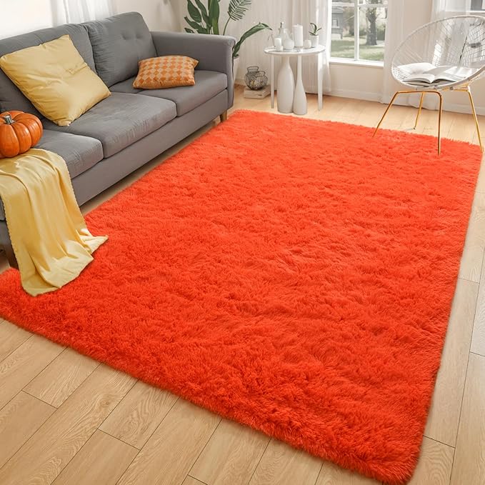 Merelax Soft Modern Indoor Shaggy Area Rug for Bedroom Livingroom Dorm Kids Room Home Decorative, Non-Slip Plush Fluffy Furry Fur Rugs Comfy Nursery Accent Floor Carpet 4x5.9 Feet, Orange Red