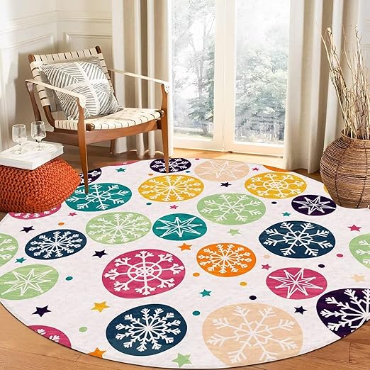 Round Snowflakes Rug Winter Boho Stars Circle Rugs for Bedroom Dorm Living Room White Bohemian Christmas Area Rug Floor Mat Pad Doormat Carpet, 3'X3'(90x90cm)