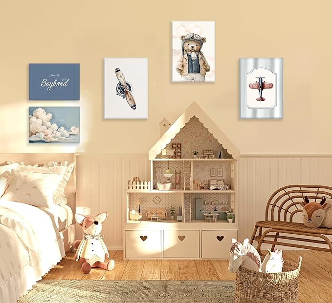 Vintage Baby Boy Nursery Wall Art Retro Airplane Travel Kids Room Canvas Wall Decor Teddy Bear Pictures Navy Blue Aviation Posters Cloudy Sky Painting Print Artwork for Boy Room Playroom, Framed