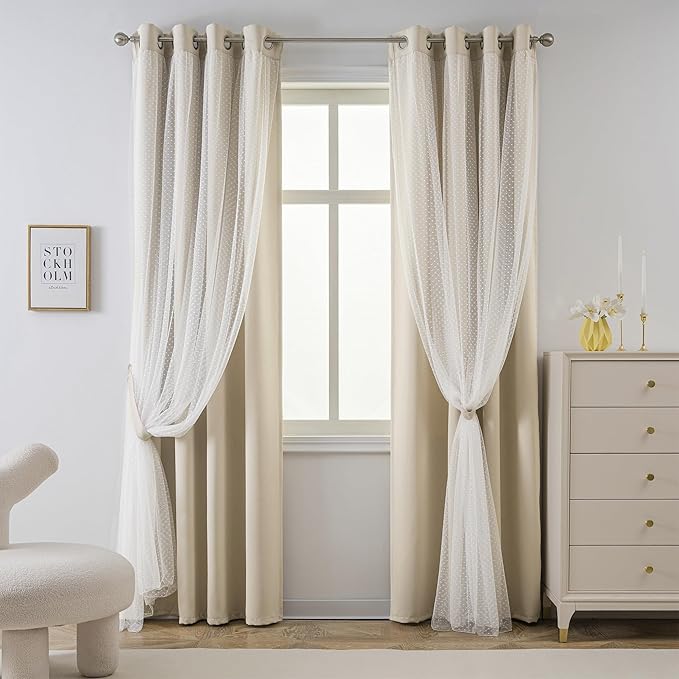 MYSKY HOME Beige 70% Blackout Curtains for Girls Bedroom & Living Room Nursery Kids Cute Double Layer Curtains 63 inch Long with Sheer Overlay, Grommet Tops, 52" Wide Each Panel, 2 Panels