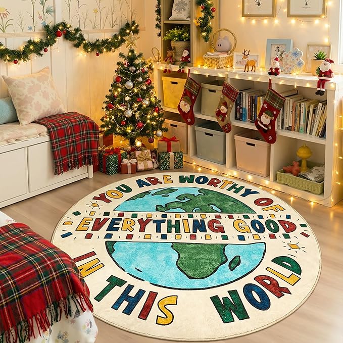 jinchan 5ft Round Rug Washable Fun Rug You are Worthy Playroom Mat Non Slip Cheerful Circle Cool Floor Cover Soft Cozy Low-Profile Emotional Support Throw Carpet for Kids Gift Teens Entryway Bedroom