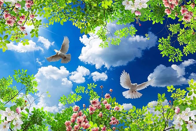 Green Plants Wrapped in Pigeons Flying Freely Under The Blue Sky and White Clouds Wallpaper for Large Background Wall murals(Non-self-Adhesive)