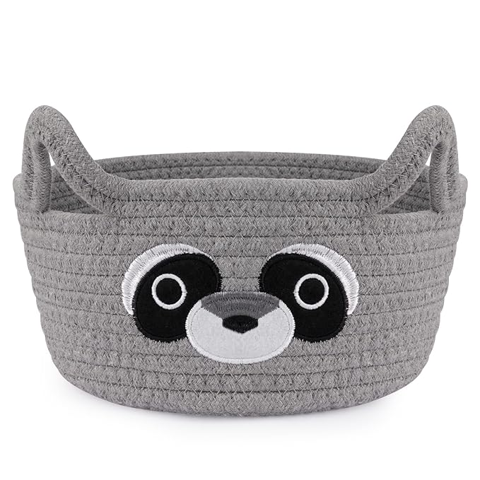 Small Storage Basket for Nursery, Raccoon Storage Basket, Round Woven Rope Cotton Storage, Baby Blanket 0rganizer with Ears Handles, Animal Blanket Towel Decor Storage Bins, 8.2"D x 4.7"H IN