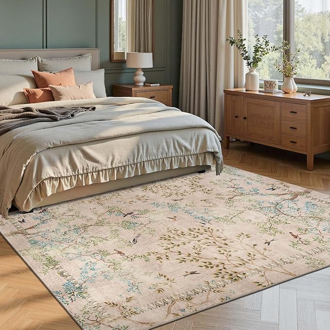 jinchan Yarden Botanical Birds 8x10 Beige Area Rugs for Living Room Washable Non Slip Soft Nature Plants Modern Carpet Vintage Ultra Thin Low Pile Indoor Rug for Bedroom Dining Room Nursery Playroom