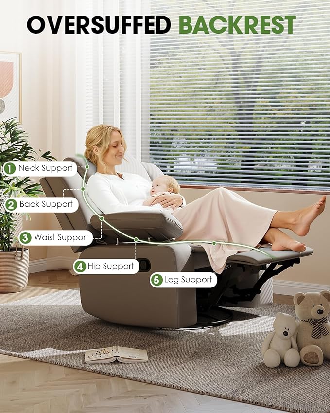 AILEEKISS Rocking Chair Nursery Swivel Recliner Glider Chair with Adjustable Armrests,Headrest Rocker Nursing Chair for Breastfeeding Comfy Upholstered Living Room Reclining Chairs for Bedroom(Grey)