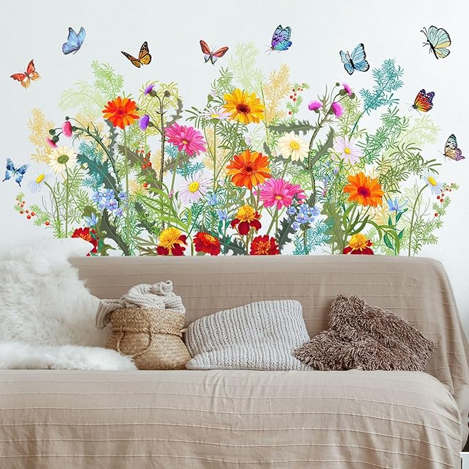 Colorful Floral Wall Stickers Flowers Daisy Butterfly Wall Decals for Living Room, Vivid Flowers Vine Decor Posters Chrysanthemum Art Murals Removable Home Decorations Stickers