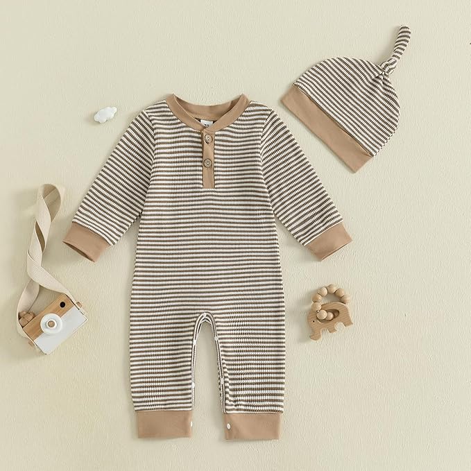 Infant Boys Fall Clothes Newborn Baby Romper Hat Stripe Knit Long Sleeve Bodysuit Jumpsuit Baby Going Home Outfit