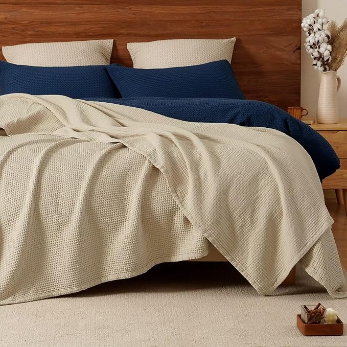 PHF 100% Cotton Waffle Muslin Blanket Queen Size, 90" x 90" Lightweight and Breathable Washed Cotton Blanket, Aesthetic Soft Muslin Waffle Bedding for Sofa Bed Home Decor, Oak