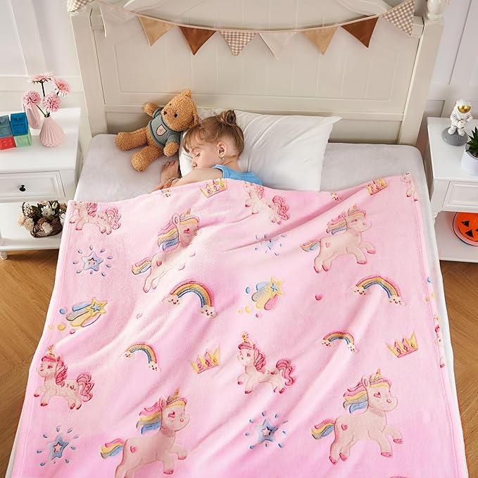 inhand Pink Unicorn Gift for Girl Glow in The Dark Blanket Unicorn Toys Kids Throw Blanket for Couch Soft Fleece Blanket Gift for 4-12 Girls Fuzzy Room Decor Birthday Gifts, 50"X60", Pink