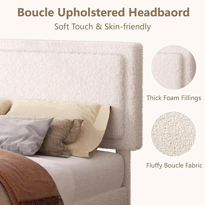 Queen Size Bed Frame, Upholstered Platform Bed Frame with Adjustable Headboard, Soft Boucle Fabric, Modern Style, No Box Spring Required, Easy Assembly, Off-White