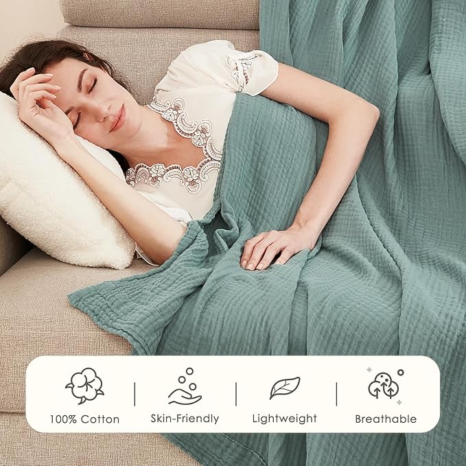 EMME Cotton Muslin King Blanket Big Oversized Bed Layering Bedspread Coverlet Breathable Gauze Soft Lightweight Blankets (Teal, 120"x94")