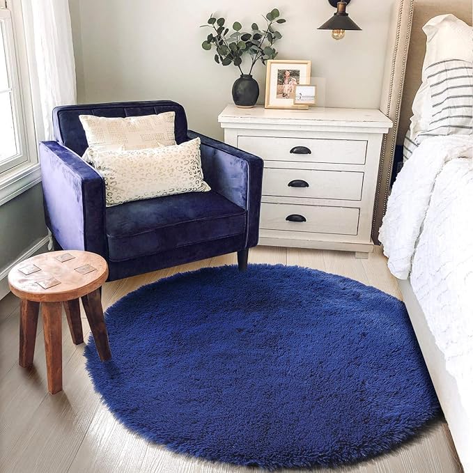 Navy Blue Small Round Rug 3Ft for Boys Room Bedroom, Washable Circle Area Rugs for Kids Room, Living Room Decor Aesthetic, Fluffy Shag Fur Throw Royal Dark Blue Carpet for Dorm Playroom Baby Nursery