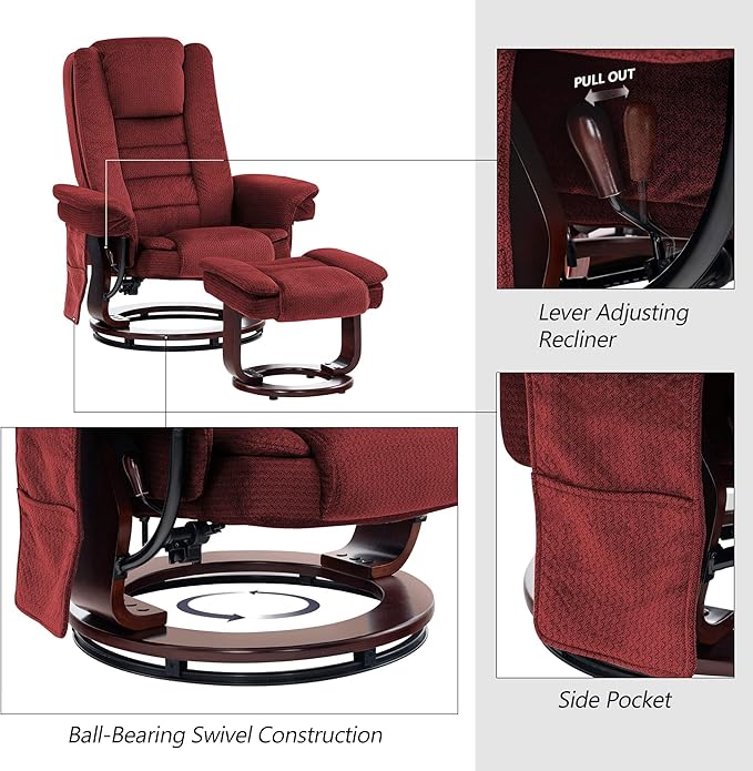 MCombo Swivel Recliner with Ottoman Chair, TV Chair Sets with Vibration Massage, for Small Space Living Room Bedroom 9096 9099 (Textile, Burgundy)
