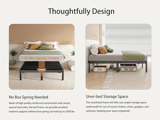 Queen Size Bed Frame Black, 16 Inch Metal Queen Bed Frame No Box Spring Needed, DIY Headboard Holes, Heavy Duty Steel Support 3500 LBS, Noiseless, Round Corner Leg, Storage Space, Easy Assembly