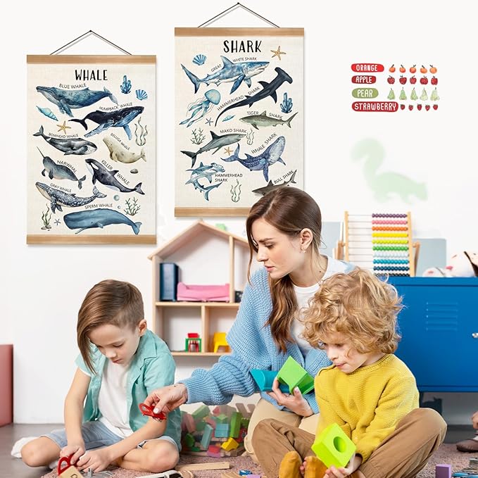 ZTGDA Sharks and Whales Posters, Sea Animals Shark Posters Wall Art,Marine Sharks Decor,Ocean Educational Poster for Kid Classroom Decorations Kids Room Home Nursery Playroom, Set of 2 (Shark-1)