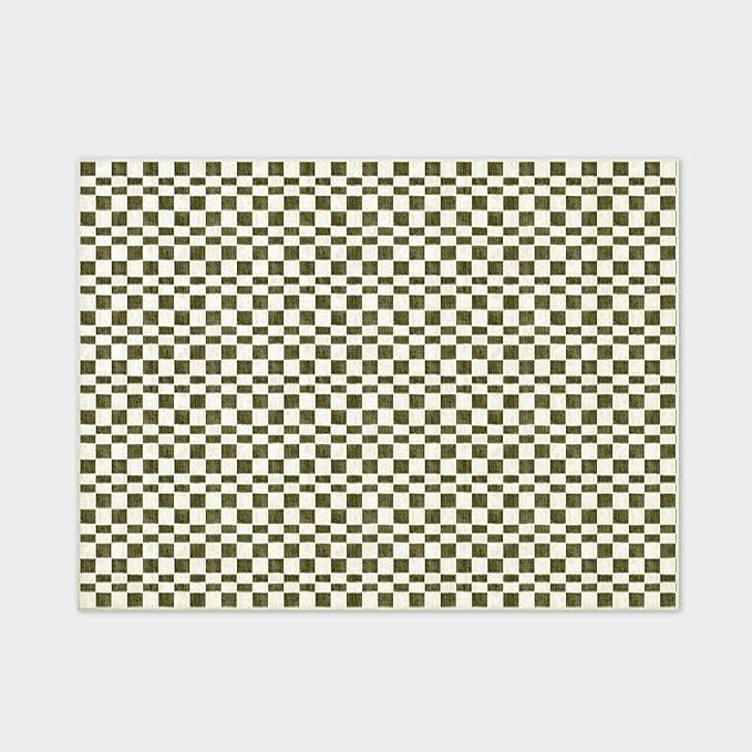 EverGrace Checkered Plaid Area Rug 9x12, Soft Faux Wool Rugs Washable Anti Slip Rugs Large Rug Carpet for Entryway Bedroom Living Room Hallway Kitchen Dining Room and Laundry Room, Olive Green