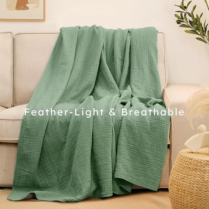100% Cotton Muslin Blanket Queen Size 90" x 90" for Bed Couch Summer Gauze Blanket for Adults Lightweight and Breathable Dark Green