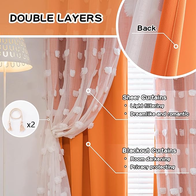 MYSKY HOME Orange Blackout Curtains for Living Room Girls Bedroom Double Layer Curtains Nursery Kids Room 84 Inch Long Curtains White Pom Pom Sheer Grommet Room Darkening Window Curtains, 52" x 84"