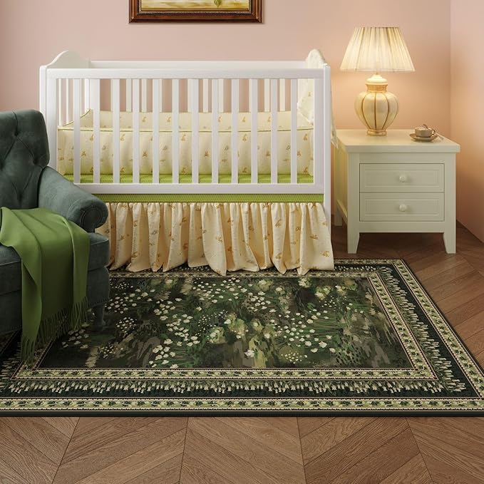 Rugcomf 6x9 Area Rugs Impressionist-Style Vintage Washable Rug Non Slip Low Pile Large Rug for Living Room Bedroom Farmhouse Dining Room Kids Playroom, Green