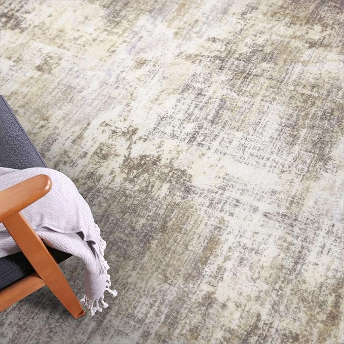 IOHOUZE Abstract Area Rugs 6x9 Ft Washable Rugs for Living Room, Non Slip Dining Room Rug Printed Faux Wool Rugs for Bedroom, Floor Carpet for Office Nursery Playroom, Beige Brown