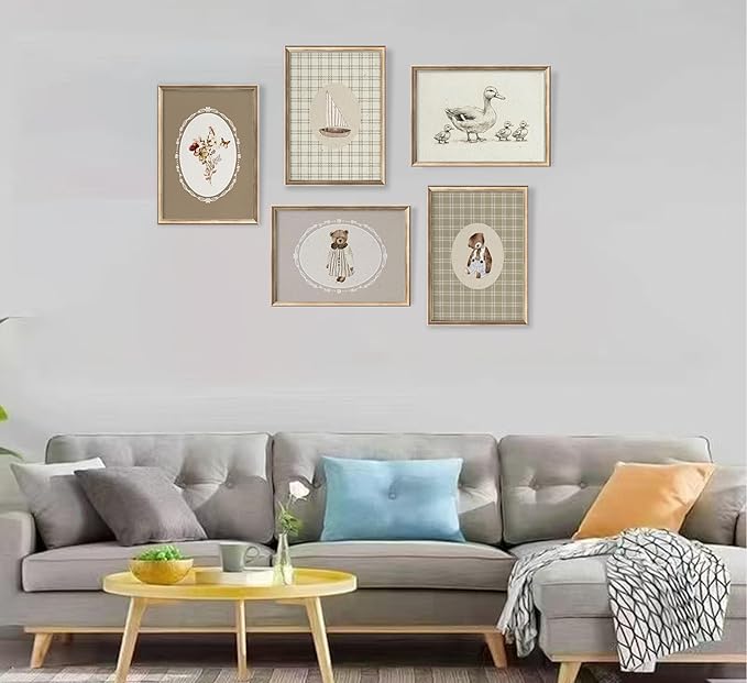 Vintage Nursery Wall Art Kids Room Canvas Wall Decor Animal Pictures Cute Duck and Woodland Bear Posters Neutral Floral and Sailboat Painting Print Artwork for Baby Boy Girl Room Playroom, Unframed