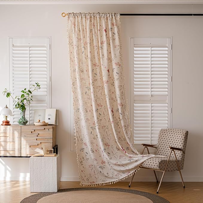 OYX Floral Curtains 2 Panels 52x84 Inches, Boho Tassel Semi-Sheer Light Filtering, Rod Pocket Farmhouse Window Drapes for Bedroom Living Room Dining Room, Bohemian Aesthetic Decor