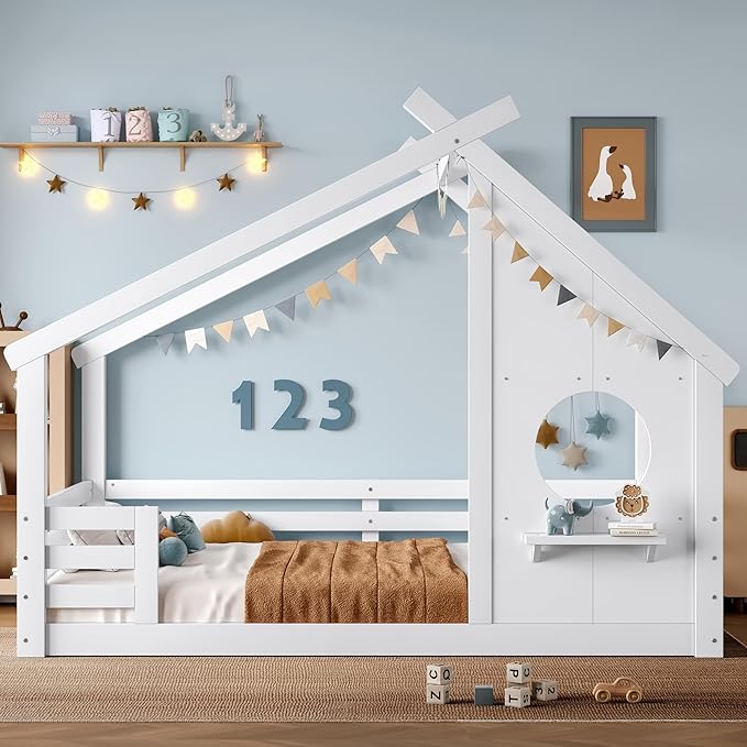 SOFTSEA Full Size House Bed Frame with Roof, Kids Floor House Bed with Window and Storage Shelf for Boys Girls, Wood Montessori Bed with Roof and Guardrails, White