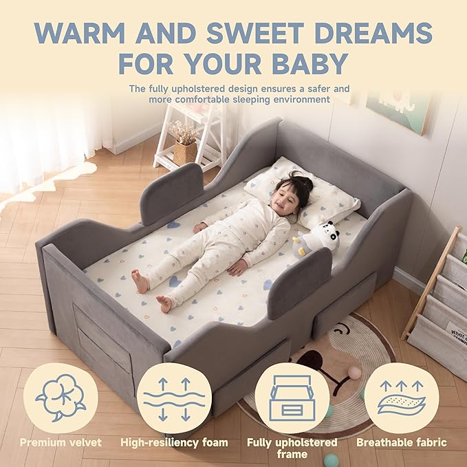 Toddler Bed Frame with 2 Drawer and Storage Bag, Kids Bed with Removable Safety Rails, Standard Crib Size Portable Beds, Safety Upholstered Child Beds for 1-6 Years Old