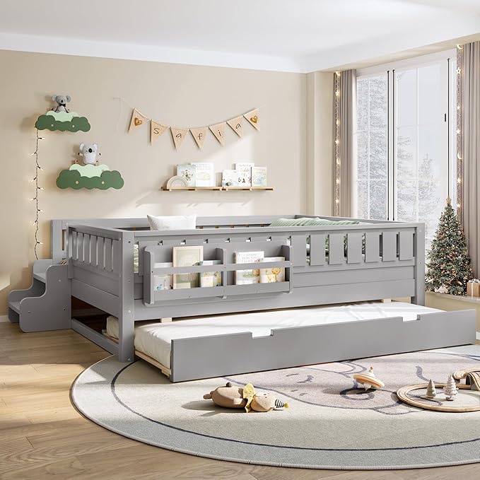 Bellemave Full Bed with Trundle and Stairs, Full Size Platform Bed Frame with Fence and Bookshelf, Easy Assemble Beds for Kids, Girls, Boys, Gray