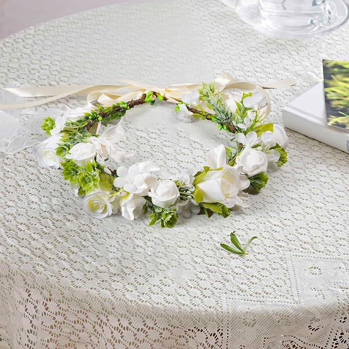 Vividsun Wedding Green Leaf Floral Crown Boho Bridal Flower Crown Maternity Photo Props Headpiece (A white)