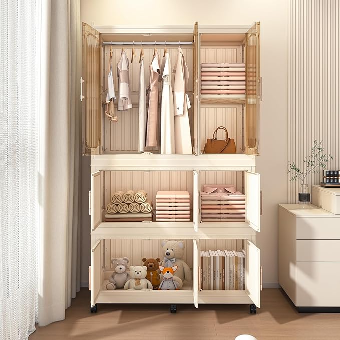 Kids Portable Wardrobe Closet Organizer with Magnetic Doors, 8 Cubes & 1 Hanging Rod, 6 PCS Hangers, Children's Plastic Wardrobe Closet for Bedroom Storage, Large Storage Cabinet