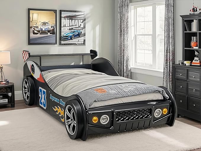 Race Car Twin Bed Frames for Kids, Wood Car-Shaped Bed Frame with Wheels LED Lights & Slat Support for Toddler, Teens, Boys or Girls (Race Car-Black)