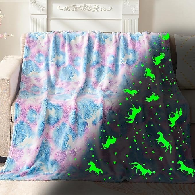 inhand Blue Unicorn Toys Glow in The Dark for Blanket,Unicorn Gifts for Girls Age 1 2 3 4 5 6 7 8 9 10 11 12 13 Birthday Halloween Christmas Cute Soft Room Decor Kids Blanket Blue Rainbow 50"X60"