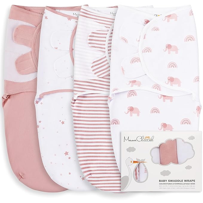 Mama Cheetah Baby Swaddle Sack, Organic Cotton Swaddle Blanket, Adjustable Swaddle Sleep Sacks, Easy Swaddles for Boy Girl 0-3 Month, Baby Essentials, 4-Pack, Dusty Rose