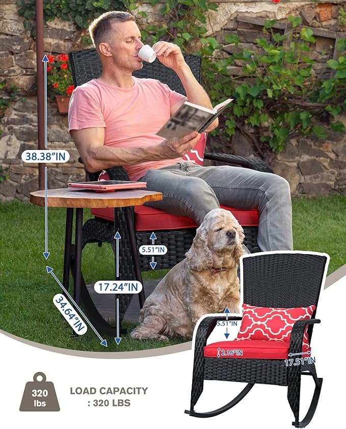 Outdoor Rocking Chair- Outdoor Rattan Rocker Chair with Heavy Duty Steel Frame- All Weather Rocker Chair for Garden, Porch, Backyard, Poolside (Black Rattan & Red Cushion, 320lbs)