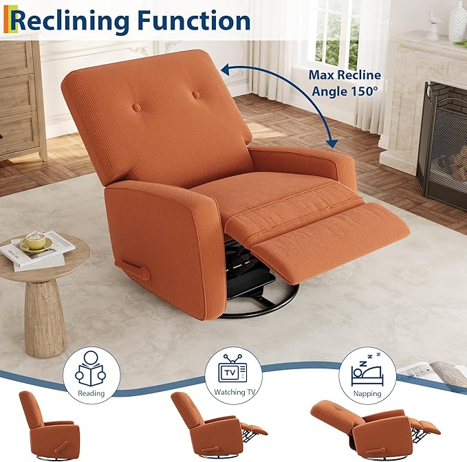 GarveeHome Recliner Chairs, Swivel Rocker Recliner, Glider Recliner Nursery Chair for Adults, 360° Swivel Glider Rocking Chair for Living Room, Bedroom, Office, RV, Small Spaces, Corduroy, Orange