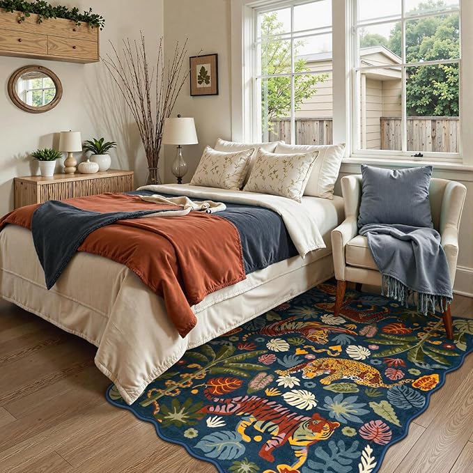 LEEVAN 3x5 Bedroom Rug Washable Tiger Kitchen Rugs Non Slip Blue Entryway Mat Scalloped Office Floor Pad Leopard Living Room Rug Low Pile Playroom Carpet Jungle Kids Mat