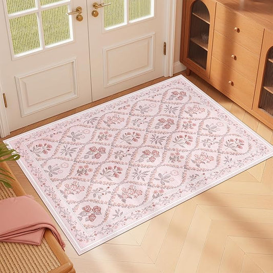 Small Throw Rug for Bedreoom 2x3 Washable Boho Aesthetic Pink Floral Non Slip Cute Area Rug for Side of Bed Teen Girls Room Kitchen Bathroom, Pink Multi