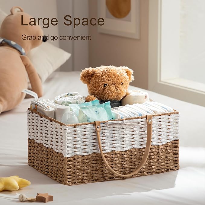 HBlife Large Diaper Caddy Organizer, Portable Paper Rope Woven Basket with Divider, Nursery Diaper Station Organizer, Baby Shower Gifts Basket & Car Organizer, Newborn Essentials